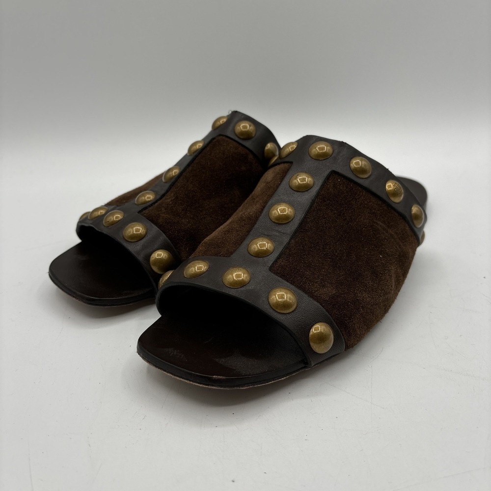 Tory Burch Blythe Slide Women's‎ 7 M Suede Leather Sandals Beige Gold Studded